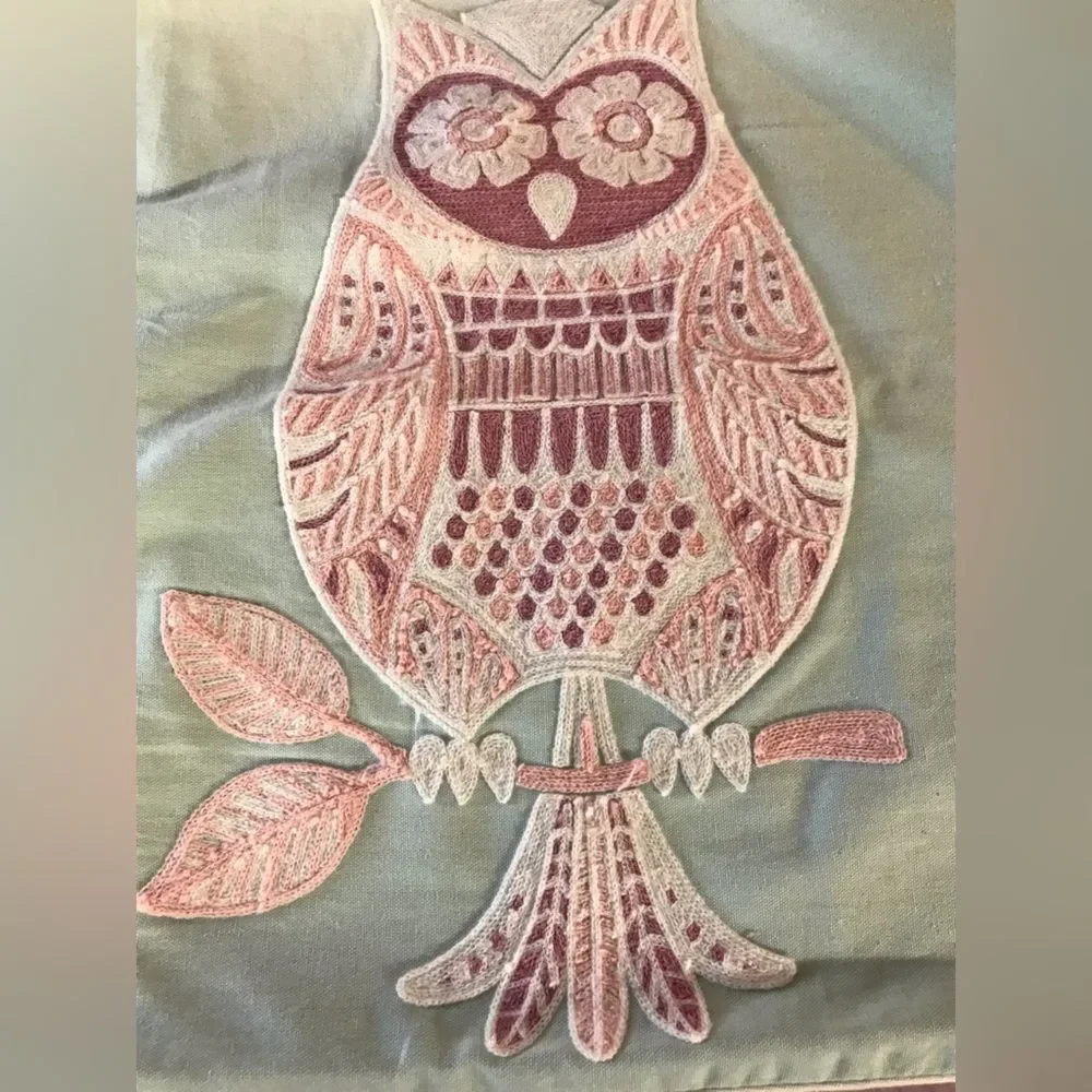 Nicole Miller Boho Mint Green Lilac Decorative Pillow Covers Embroidered Owl (2)